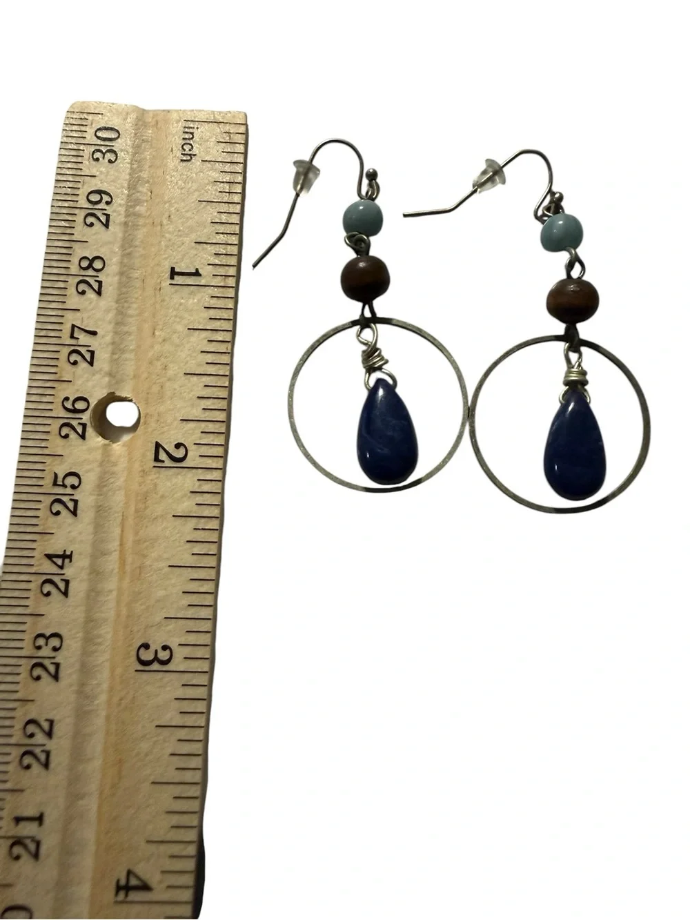 Handcrafted Artisan Blue Teardrop Hoop Earrings with Wood Bead